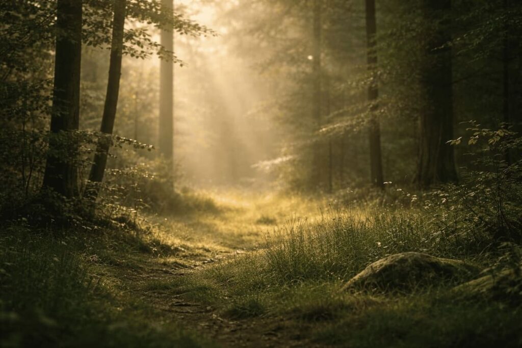 Sonnendurchflutete Waldlichtung am Morgen, ideal für Verse zum Innehalten